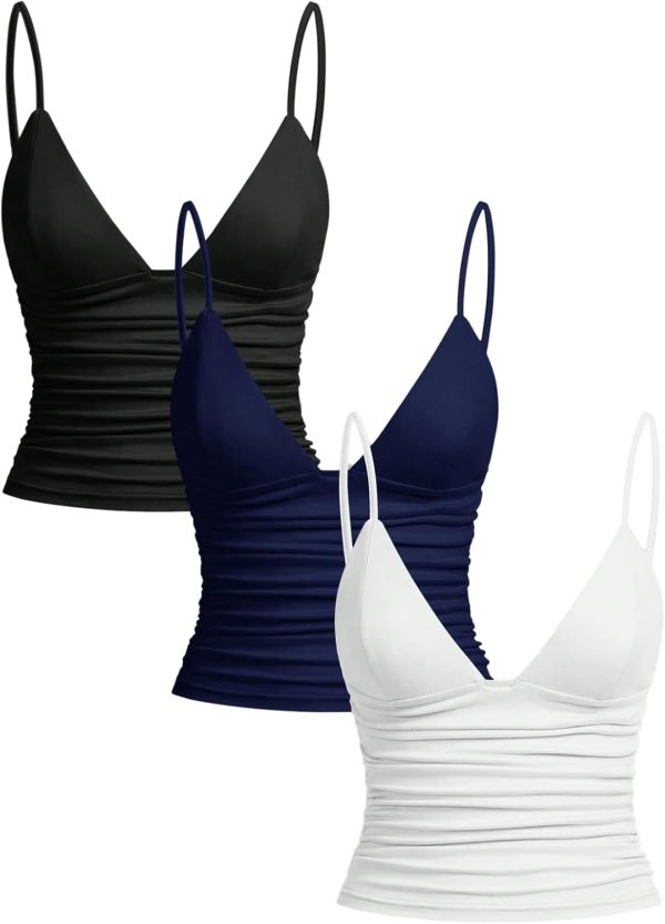 Women's 3 Pack V Neck Ruched Cami Crop Tops Spaghetti Strap Slim Fitted Camisole