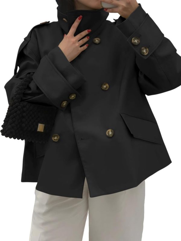 Womens Cropped Trench Coat Oversized Double Breasted Stand Collar Short Jacket Fall Casual Work Outerwear