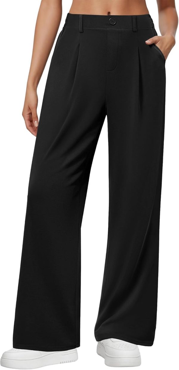 Wide Leg Dress Pants for Women, Pull on Elastic Stretchy Work Pants High Waisted Casual Slacks with Pockets