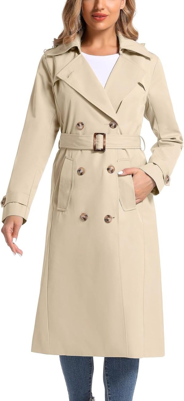 Women's Waterproof Long Trench Coat Double Breasted Length Classic Lapel Belt Coat With Removable Hood