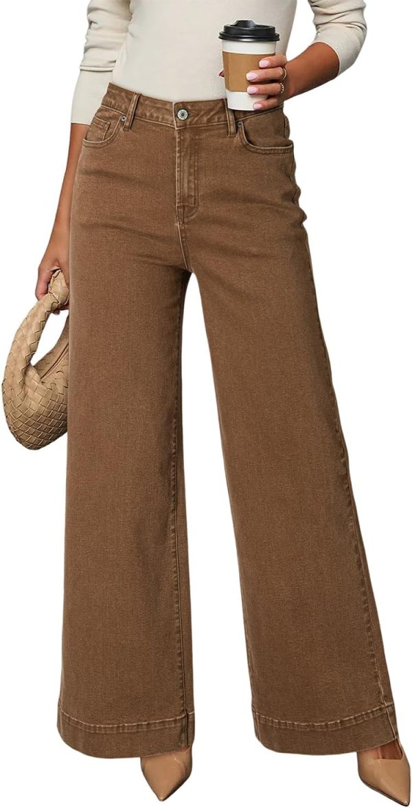 Women's Casual High Waisted Jeans Stretch Button Wide Leg Loose Denim Pants with Pockets