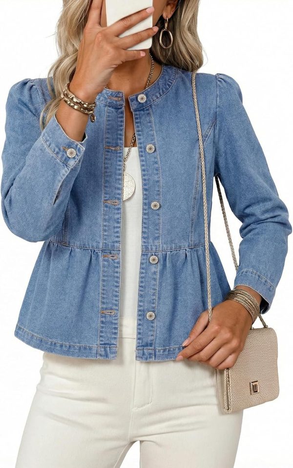 Cropped Jean Jacket Women Button Down Long Sleeve Collarless Cinched Waist Denim Jackets