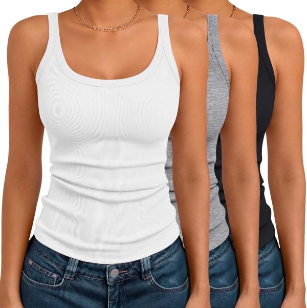 3-Pack Womens Ribbed Spaghetti Strap Tank Top, Sleeveless Summer Camisole, Cute Going Out & Vacation Outfits for Teens