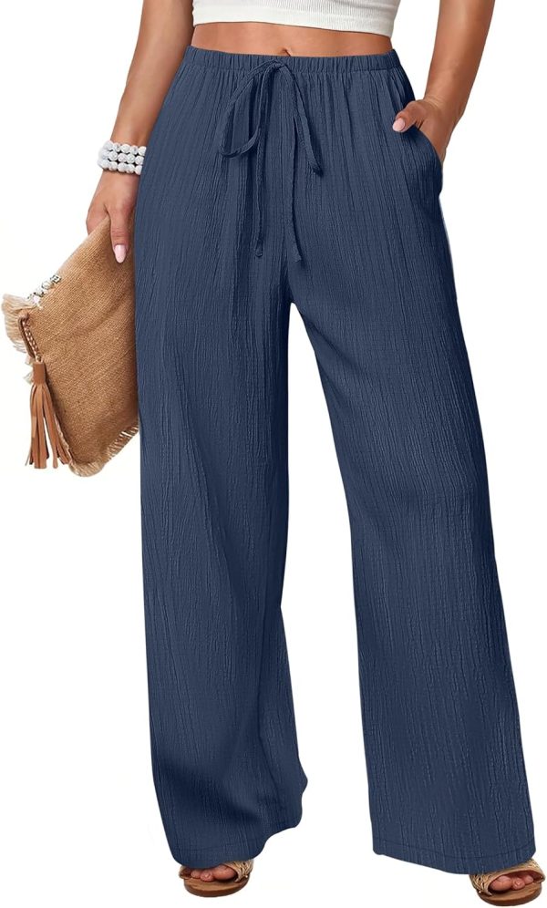 Women's Wide Leg Beach Pants Elastic Waist Lightweight Casual Flowy Palazzo Lounge Trousers with Pockets