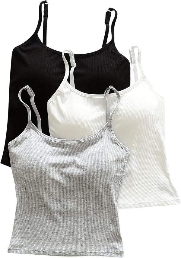 Women's 3 Pack Cami Crop Top Built in Bra Spaghetti Strap Tank Camisole Tops